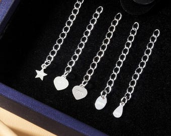 Sterling Silver Chain Extensions, S925 Silver Extender Chain, Heart Star Drop Oval Extension Link Tag for Bracelet Necklace 30mm 40mm 50mm