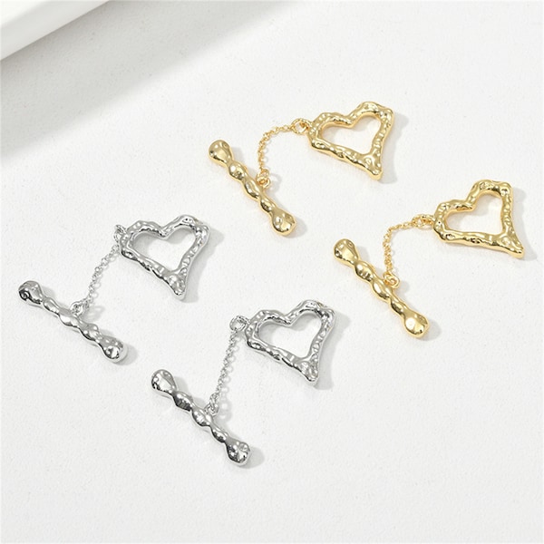 14K Gold Plated Heart Toggle Clasp, Gold Tone Heart Toggle Clasps Set For Jewelry Making, Irregular Clasp, Bracelet Clasps, Necklace Clasps