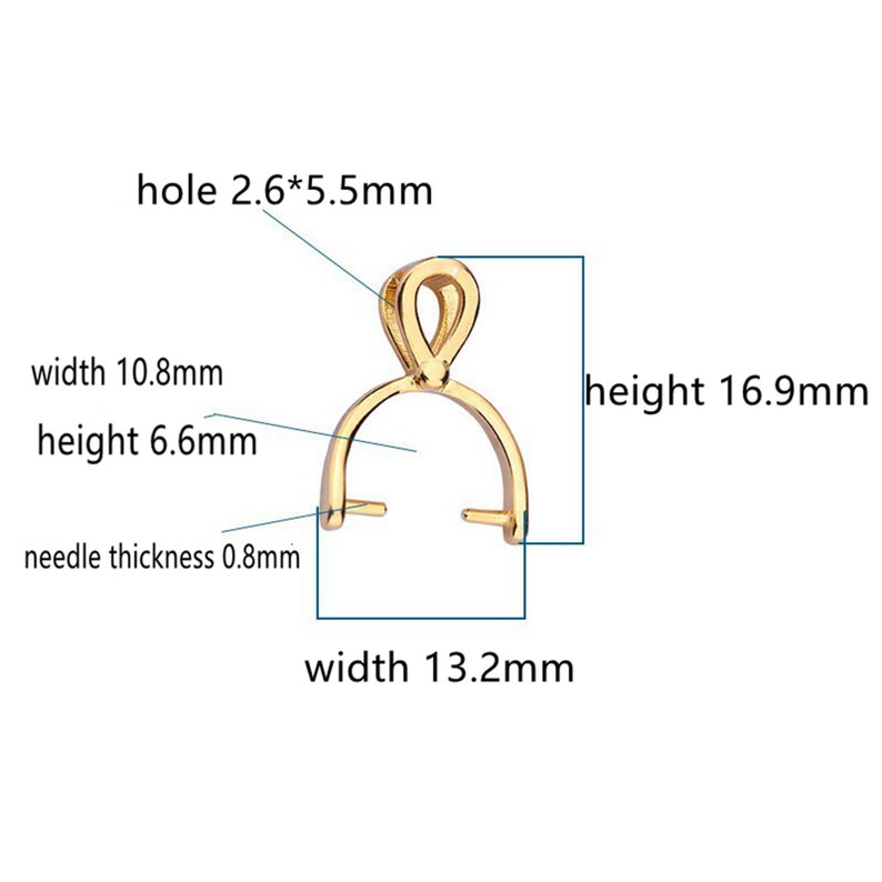 May include: A gold-colored pendant bail with dimensions labeled. The bail has a loop at the top and a curved base with two prongs. The height is 16.9mm, width is 13.2mm, and the needle thickness is 0.8mm.