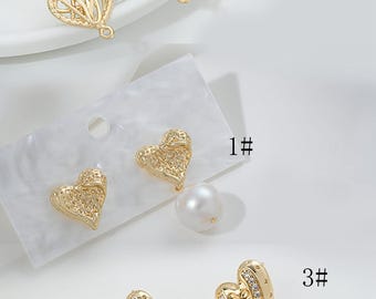 14K Gold Plated CZ Zircon Heart Earring Post w/ Loop, Hollow Love Ear Post, Valentine's Day Ear Stud,Ear Post,Post Earring,Earring Component
