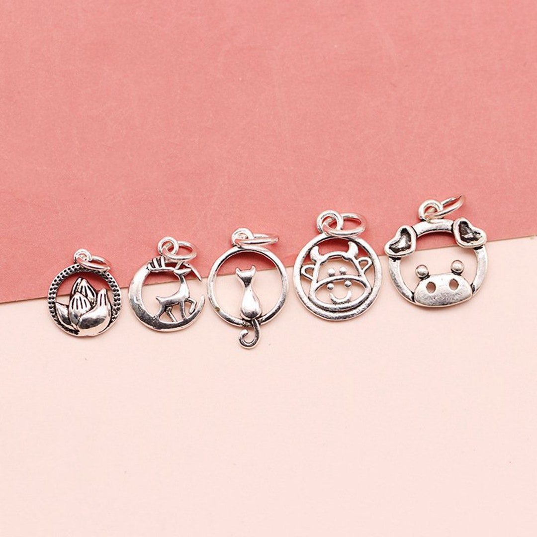 Sterling Silver Bud Charm Pendant, Deer Bracelet, Cat Necklace, Cow