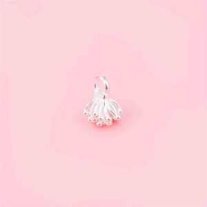 May include: Silver charm with a delicate, flower-like design. The charm has a loop at the top for attaching to a bracelet or necklace.