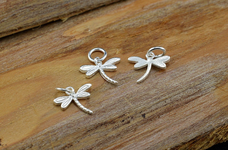 May include: Three silver dragonfly charms with a loop for attaching to jewelry. The dragonflies are detailed and have a textured finish.