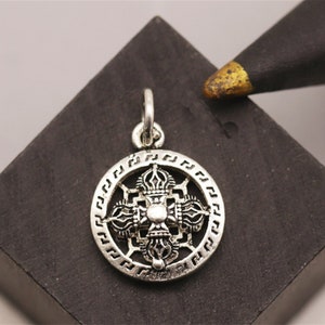 Sterling Silver Double Vajra Dorje Pendant, s925 Silver Dorje Round Charm, Tibetan Dorje Charm, Buddhist Vajra Charms, Necklace Charm Bulk