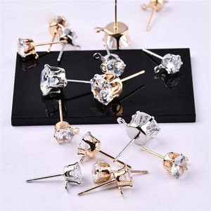 Gold Plated Four Prong Earring Post, Gold Claw Post Earrings, CZ Zicon Earring Stud with Loop, Earring Making 4mm 5mm 6mm 8mm