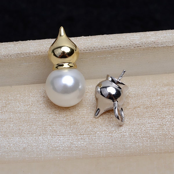 Sterling Silver Pendant Setting, s925 Silver Gourd Pendant Setting For Supplies, Half Drilled Pearl Mounts, Peg & Cup 8mm 12mm