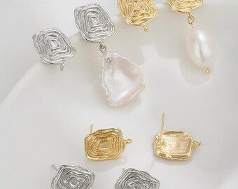 Aretes con forma de espiral y aro chapados en oro de 14 quilates, con pasador cuadrado, irregulares, geométricos, delicados y con forma de pendiente.