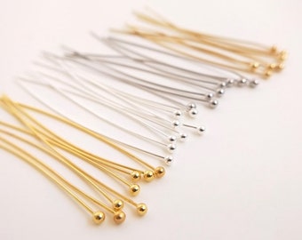 14K Gold Plated Round Ball Pin, Bead Ball Pin, Round Bead End Headpin, Gold Tone Needle Pin For Jewelry Making, Wire Length 25mm 30mm 40mm