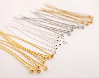 18K Gold Plated Bead Ball Pins, Brass Round Headpins, Gold Tone Needle Pin For Jewelry Making 25mm 30mm 40mm