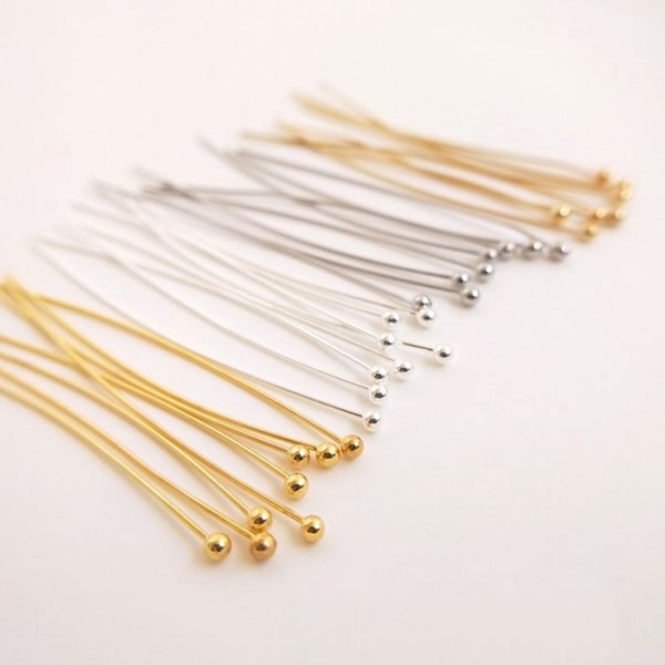 18K Gold Plated Bead Ball Pins, Brass Round Headpins, Gold Tone Needle Pin For Jewelry Making 25mm 30mm 40mm