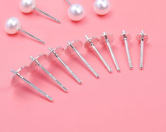 Sterling Silver Pearl Cup Post with Double Notch 3mm 4mm 5mm 6mm, 925 Sterling Silver Cup Earring Post, Ear Post Cup, Earring Component