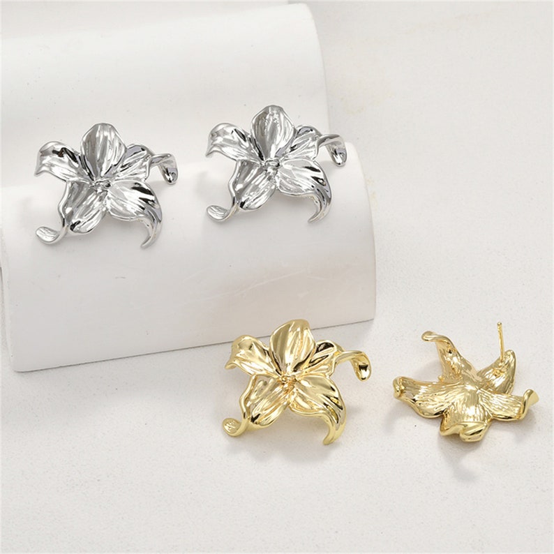 14K Gold Plated Flower Earring Post w/ Loop, Floral Ear Post, Blossom Ear Stud, Delicate Ear Post, Women Post Earrings, Earring Component image 2