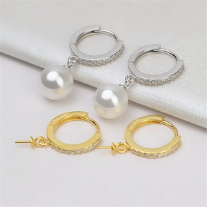 Boucles d&#39;oreilles créoles rondes en argent sterling CZ sertissage de bijoux, boucles d&#39;oreilles créoles rondes en argent s925, montures de perles à moitié percées, Peg&Cup