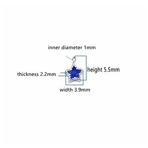 May include: Three silver star-shaped charms with different colored gemstones. Each charm has a loop at the top for attaching to a necklace or bracelet. The charms measure 5.5 mm in height, 3.9 mm in width, and 2.2 mm in thickness. The inner diameter of the loop is 1 mm.