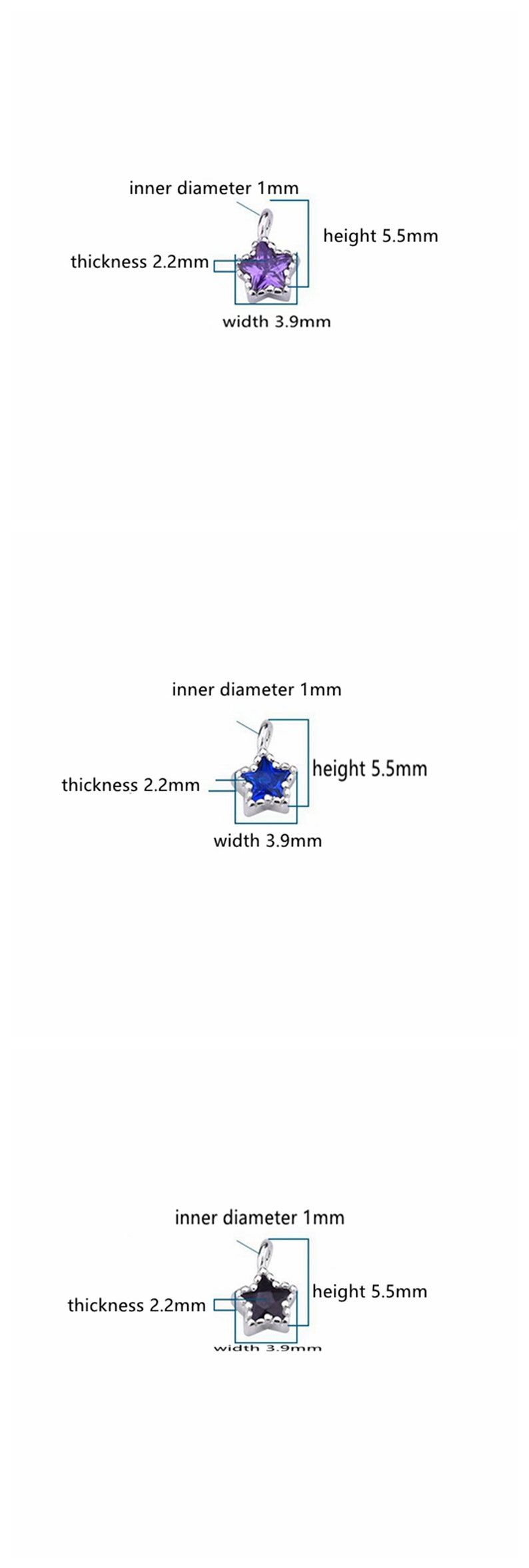 May include: Three silver star-shaped charms with different colored gemstones. Each charm has a loop at the top for attaching to a necklace or bracelet. The charms measure 5.5 mm in height, 3.9 mm in width, and 2.2 mm in thickness. The inner diameter of the loop is 1 mm.
