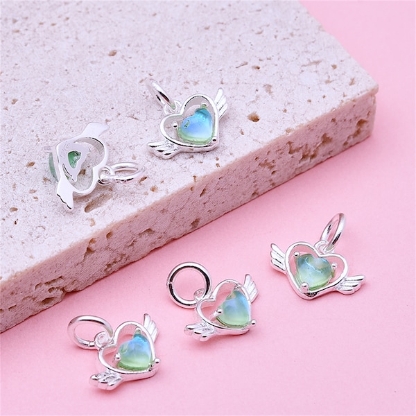 Sterling Silver Moonstone Heart Charm Pendant, Wing Bracelet, Romantic Necklace, Friendship Earring, Sweetheart Jewelry, Valentine Charm
