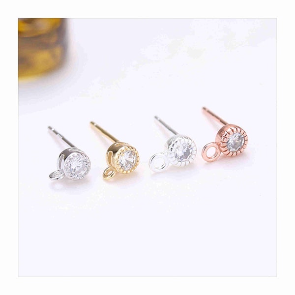 Sterling Silver CZ Round Zircon Earring Post, s925 Silver Earring Post, Stud Earrings, Zircon Ear Stud, Simple Earring Post with Closed Loop