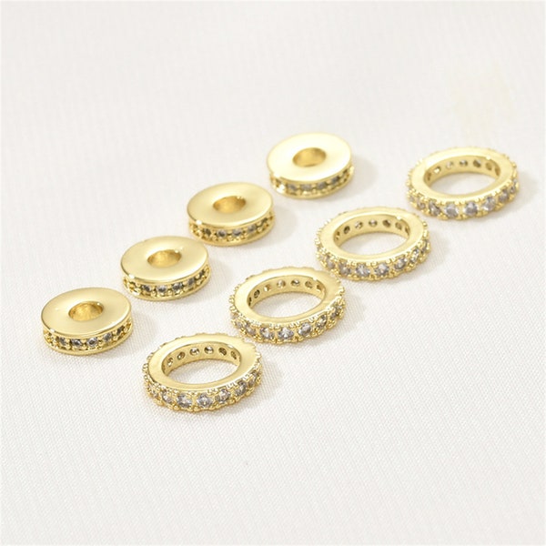 18K Gold Plated CZ Pony Beads, Wheel Bead, Flat Round Bead, Tire Bead, Tribal Bead, Bracelet Spacer, Doughnut Bead, Large Hole Bead 8mm 10mm