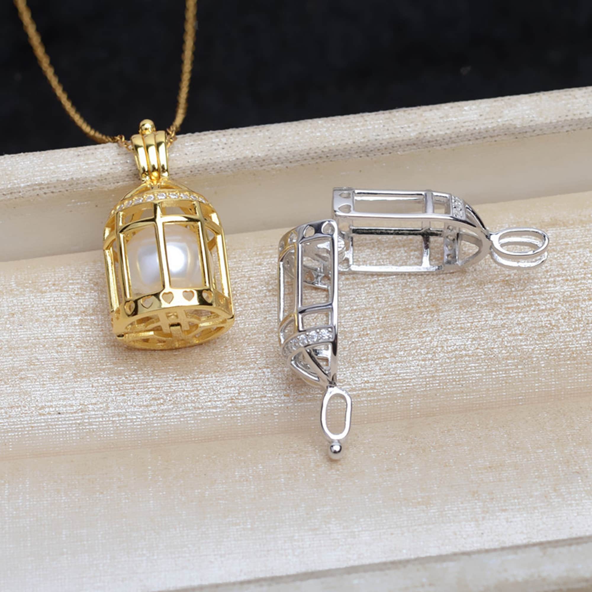 Sterling Silver Bird Cage Pendant Setting, S925 Silver Pearl Cage ...
