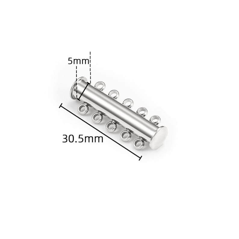 May include: A silver-toned metal multi-strand jewelry clasp featuring a cylindrical tube design with five small loops on one side for attaching chains. The clasp measures 30.5mm in length and 5mm in width as indicated by the technical diagram.