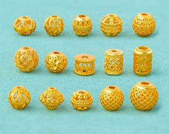 Gold Plated Over Sterling Silver Filigree Beads, Hollow Round Beads, Vintage Barrel Beads, Decorative Bead, Lucky Bracelet Necklace Spacer