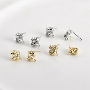 14K Gold Plated CZ Flower Earring Post w/ Closed Loop, Floral Ear Post, Blossom Ear Stud, Ear Post, Women Post Earrings, Earring Component