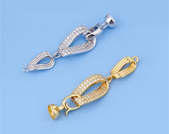 Sterling Silver CZ Cord End Cap, s925 Silver Leather Cord End Cap, Cord End Cap with Hook Clasp, Oval Connector for Bracelet Necklace