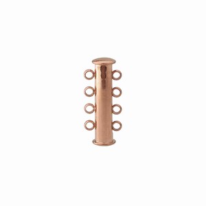 May include: A rose gold-toned cylindrical jewelry clasp featuring a smooth, polished finish. The component includes four small circular loops attached to each side of the central tube, designed for connecting multiple strands of jewelry together.