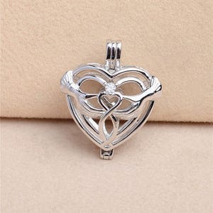 Sterling Silver Pendant Setting, S925 Silver Pearl Cage Pendant Pearl or Gemstone Bead, Hollow Heart Cage Pendant 14x17x9mm