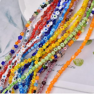 Colorful Glass Flower Beads, Glaze Floral Bead, Flat Flower Bead, Blossom Bead, Loose Beads, Bracelet Bead, Necklace Beads Full Strand