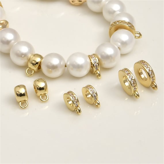 14K Gold Plated Flat Round Beads, Gold Tone CZ Bail Beads Spacers w/ Loop, Donut Bead, Bail Spacer, Large Hole Beads, Bracelet Beads