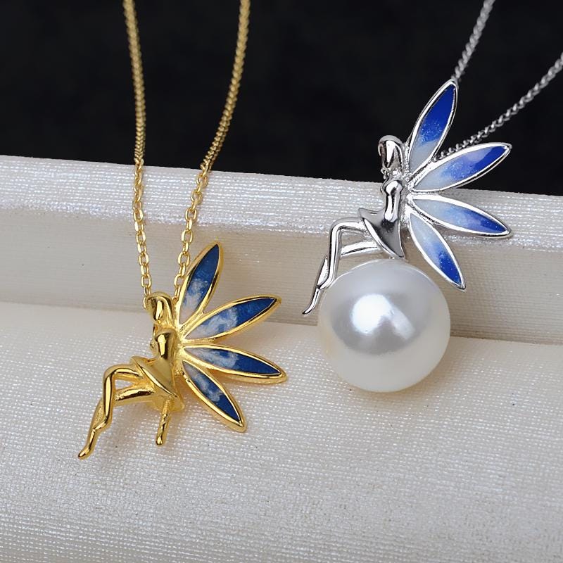 Enamel Crystal Ballet Fairy Angel Wing Pendant Necklace – Women's Blue Pink Star Crystal – Unbranded