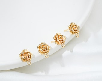 14K Gold Plated Rose Earring Stud w/Loop, Flower Earring Post, Floral Earring Stud, Romantic Earring, Dainty Post Earring, Botanical Earring