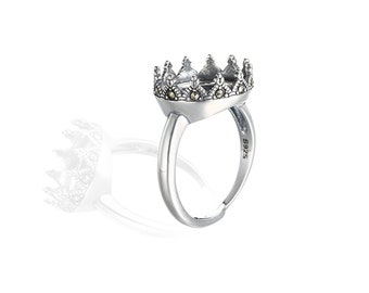 Sterling Silver Crown Ring Setting, s925 Silver Round Bezel Cup Setting, Sterling Silver Ring Blanks, Adjustable Ring Blanks 12mm