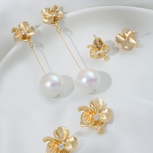 14K Gold Plated CZ Flower Earring Post w/ Loop, Floral Ear Post, Peach Blossom Ear Stud, Delicate Ear Post, Post Earring, Earring Component