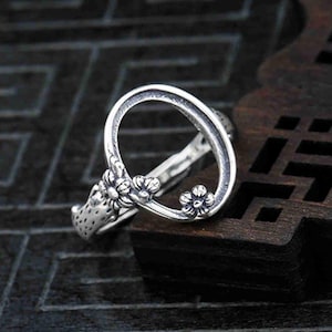 Sterling Silver Flower Ring Setting, s925 Silver Oval Bezel Cup Setting, Sterling Silver Ring Blanks, Adjustable Ring Blanks 12*15mm