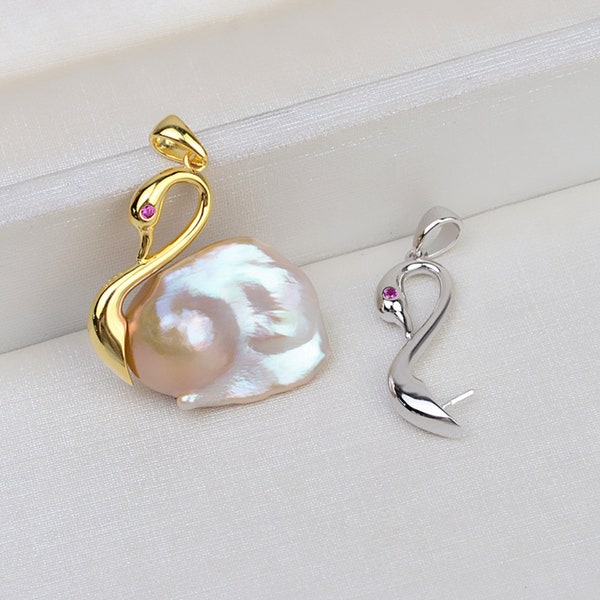 Sterling Silver Baroque Pendant Setting, Silver Swan Pendant Setting For Jewelry Supplies, Half Drilled Irregular Pearl Mounts, Peg &Cup