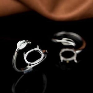 Sterling Silver Leaf Ring Setting, s925 Silver Oval Bezel Cup Setting, Sterling Silver Ring Blanks,Adjustable Ring Blanks 7*10mm