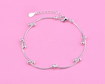 Sterling Silver Curve Tube w/ Double Bead End Bracelet. Adjustable Bracelet with Extender Chain & Spring Ring Clasp, Bracelet Jewelry