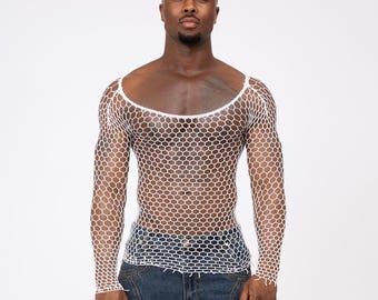 White Rave Outfit Fishnet Body Sock Shirt, Men Fishnet Shirt Mens Fishnet Top Mesh Transparent Long Sleeve Muscle T-Shirt Net Top