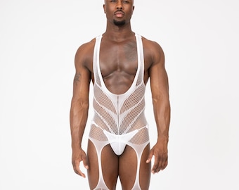 White Unisex Stretchable Mesh Suit Reversible Onesie One Suit Clubwear Festival Outfit