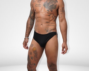 Men Summer Swimsuit Side Clipper, Swim Brief, Black Hybrid Brief