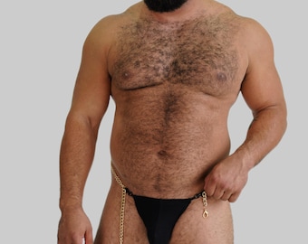 Black Men’s Luxury Chain G-String - Adjustable Gold or Silver Hardware, Premium Cotton Resort Wear, Minimalist Designer Swimwear & Underwear