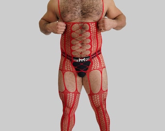 Men's Full Body Fishnet Suit - Red Geometric Mesh Bodysuit, Gothic Festival Jumpsuit, Breathable Long Sleeve Hollow-Out Dance & Stage Wear