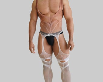 Gradient Brown-White Fishnet Mesh Sleeveless Bodysuit Men’s Festival Clubwear Stretch Net