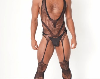Black V Fishnet Bodysuit, Men Costume Full Body stockings Fishnet Bodysuit Underwear Clubwear Dance Outfit