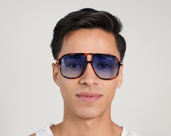 Oversized Retro Blue Tint and Torqoise Summer Sunglasses, Sunglasses for Women Men Classic 70s Vintage Trendy Square Frame