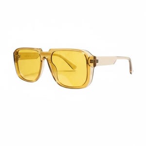 May include: Yellow-tinted sunglasses with a square frame and a bridge over the nose. The lenses and frames are a matching yellow color, and the arms are a light tan color. The sunglasses are set against a white background.