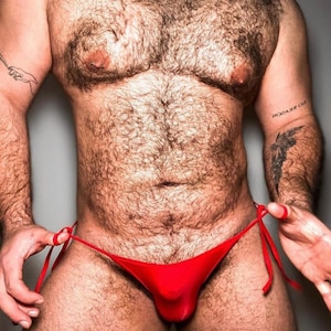 Gay Men&#39;s Thong Swimwear Sexy G-String Briefs Underwear Swimsuit, Men&#39;s Trendy Tie Side Red Bikini