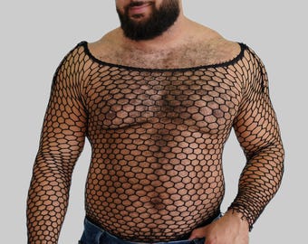 Black Men's Hippy Party Club Dancing T Shirt Mesh Fishnet Long Sleeve